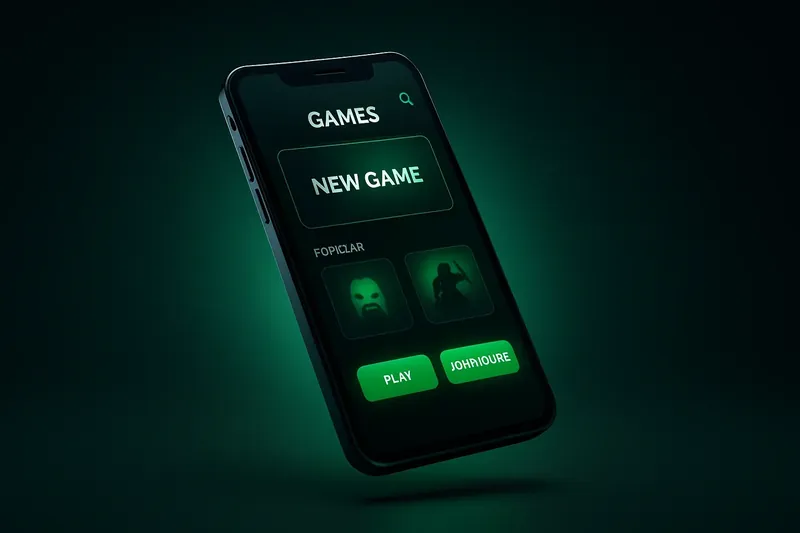 Sleek modern smartphone floating with dark-themed gaming app and green accent buttons