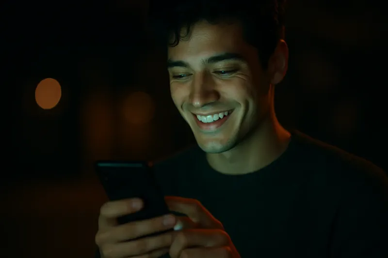 Young man smiling while using phone with green and gold light reflecting on his face