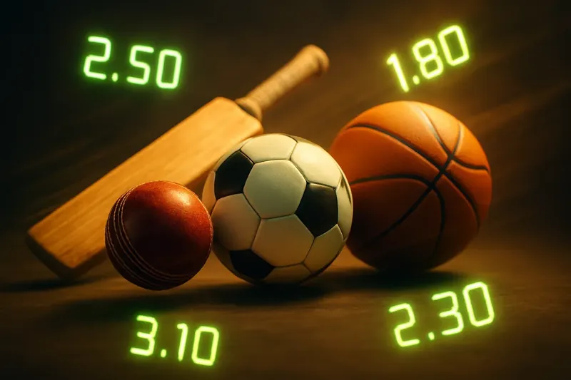 Cricket bat, football, and basketball with motion blur, digital odds, neon green highlights on dark background
