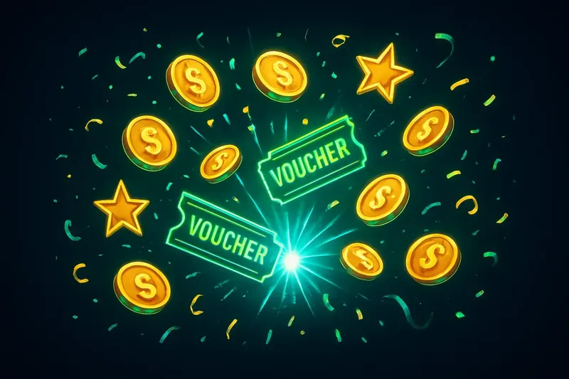 Golden coins, voucher tickets, and stars bursting from a bright flash with confetti on a dark background