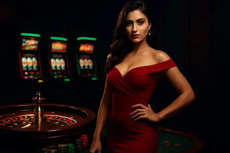Beautiful woman in red dress standing near roulette and slot machines in a luxury Bangladesh casino with neon accents and gold coins
