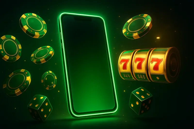 Glowing smartphone with casino chips, slot reels, and dice on dark neon background