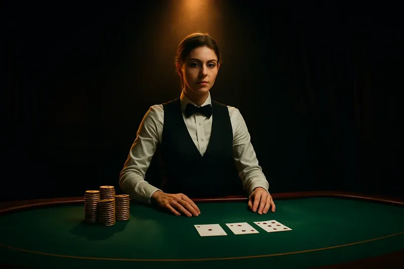 Professional female dealer at green felt table with golden chips under dramatic spotlight