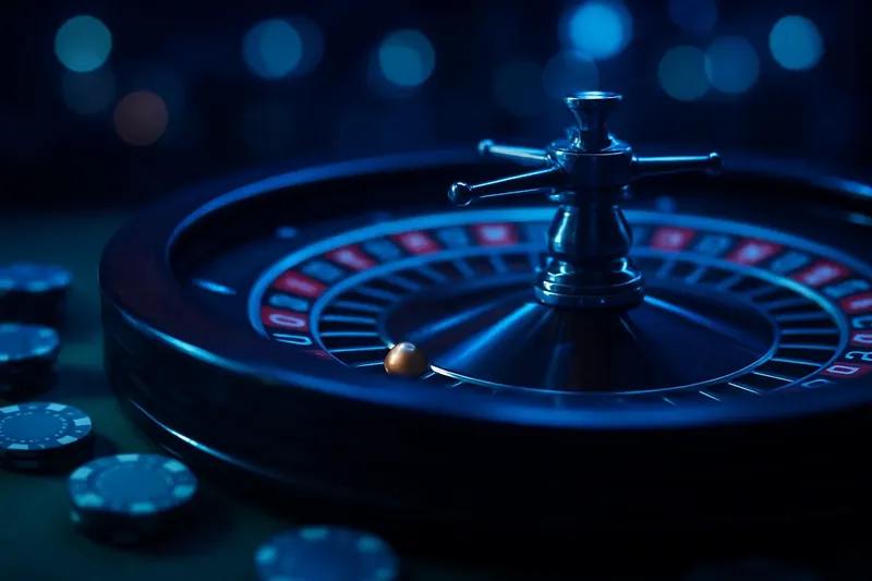 Close-up of roulette wheel spinning with golden ball, green felt, chips, and bokeh lights in a premium casino atmosphere