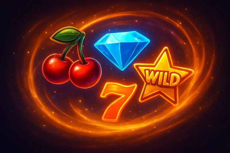 Colorful slot game symbols with neon glow on dark background in a magical swirl