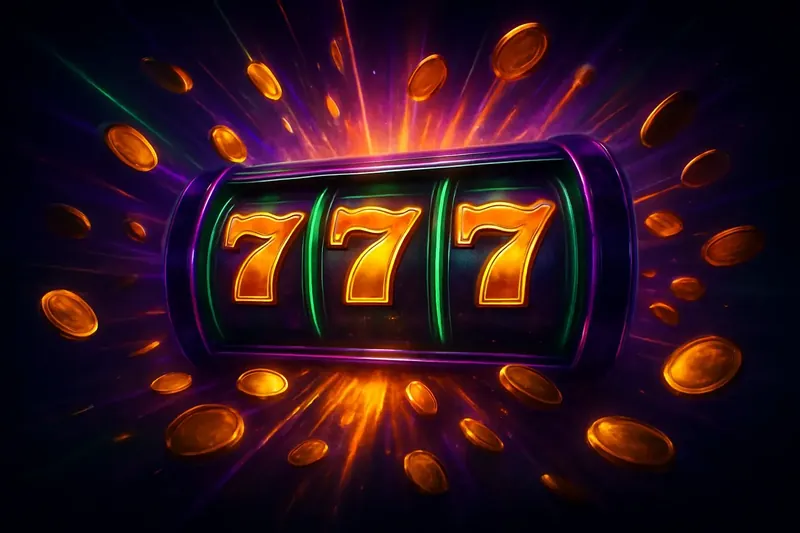 Slot machine reels with golden 777 symbols, coins, and neon lights in a winning moment